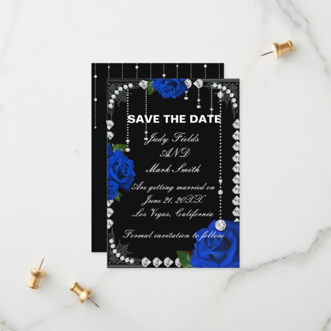 Romantic Blue Roses And Diamonds Save The Date (Front/Back In Situ)