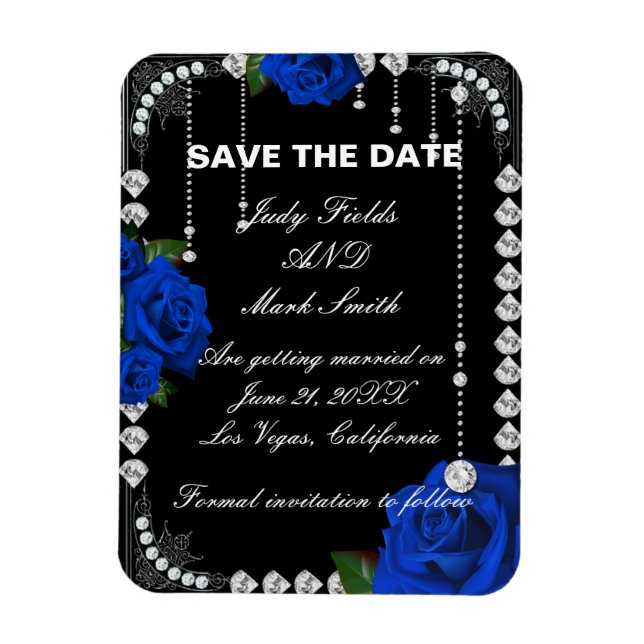 Romantic Blue Roses And Diamonds Save The Date Magnet (Vertical)