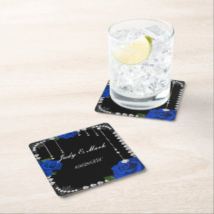 Romantic Blue Roses And Diamonds Square Paper Coaster