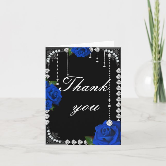 Romantic Blue Roses And Diamonds Thank You Card (Front)