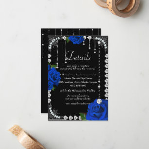 Romantic Blue Roses And Diamonds Wedding Details Card