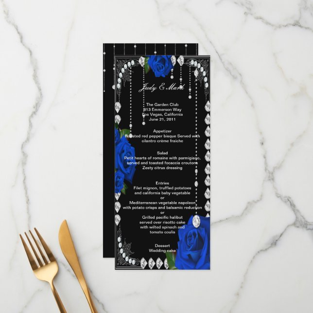 Romantic Blue Roses And Diamonds Wedding Menu Card (Front/Back In Situ)