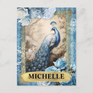 Romantic Blue Roses and Peacock Fantasy Postcard