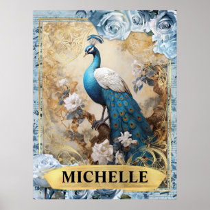 Romantic Blue Roses and Peacock Fantasy Poster