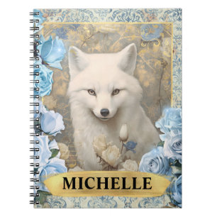 Romantic Blue Roses and White Fox Fantasy Notebook