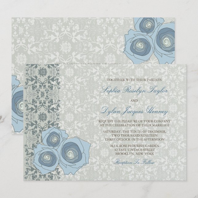 Romantic Blue Roses Damask Lace Elegant Wedding Invitation (Front/Back)