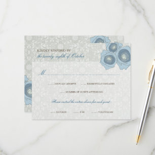 Romantic Blue Roses Damask Lace Elegant Wedding RSVP Card