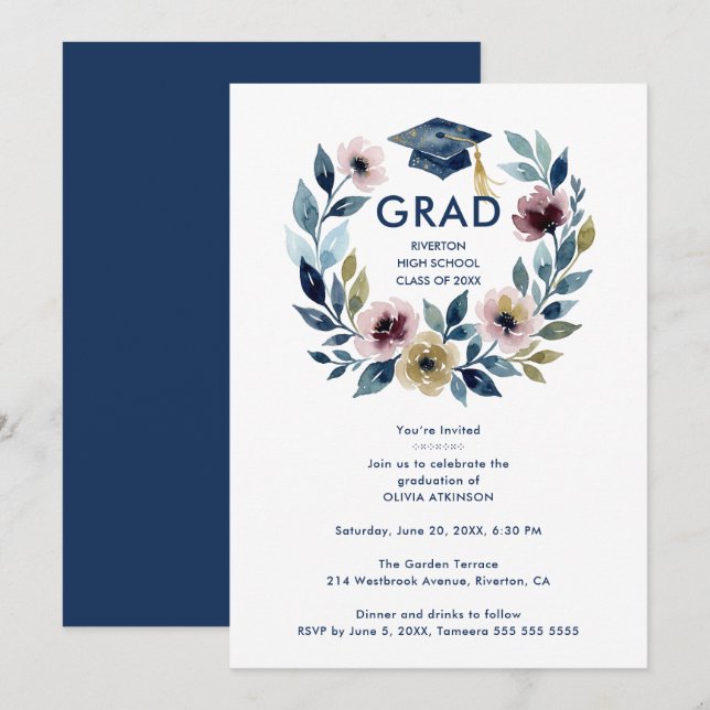 Romantic Blue Shades Floral Wreath Graduation Invitation (Front/Back)