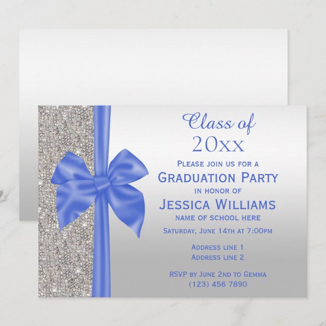 Romantic Blue Silk Bow, Silver Sequins Graduation Invitation (Front/Back)