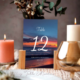 Romantic Blue Sunset Tropical Beach Wedding Table Number
