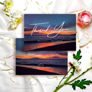 Romantic Blue Sunset Tropical Beach Wedding Thank You Card