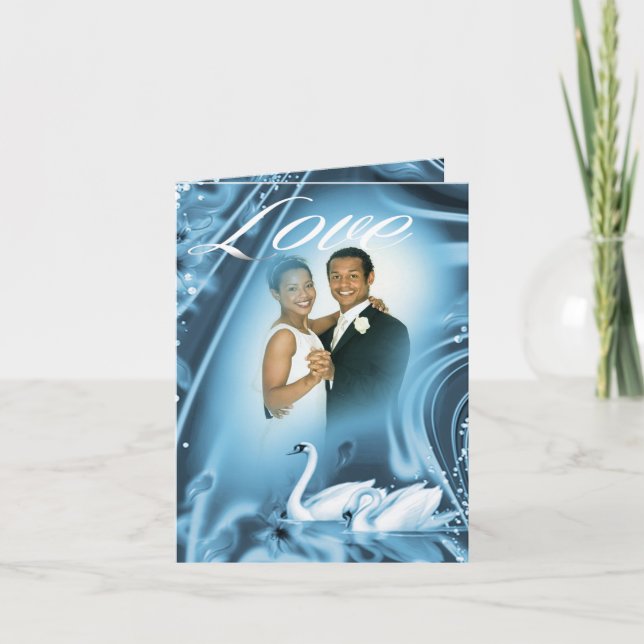Romantic Blue Swan Love Wedding Photo Thank You Card (Front)