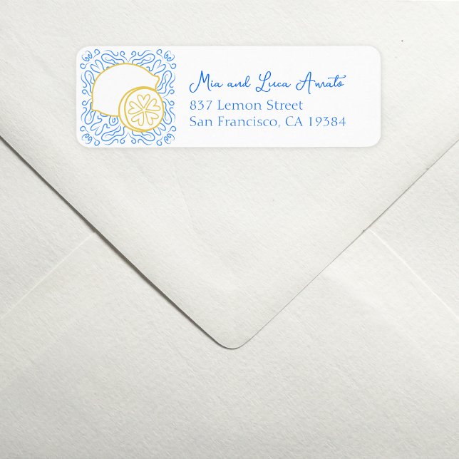 Romantic Blue Tile Citrus Lemon Luxury Wedding (Add a zesty twist to your mail with this chic lemon-themed address label—fresh, fun, and stylish.)