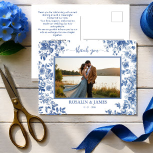 Romantic Blue Toile QR code Photo Thank You Postcard
