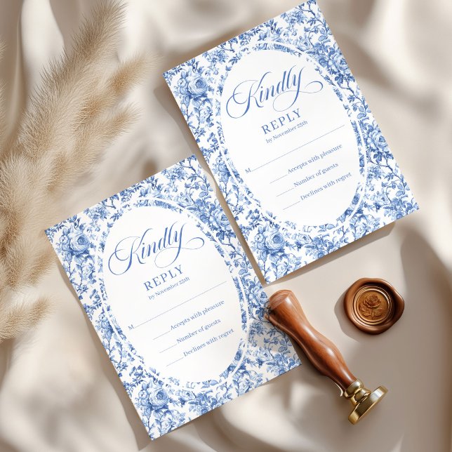 Romantic Blue Toile Roses Custom Wedding RSVP Card (Romantic Blue Toile Roses Custom Wedding RSVP Card

)