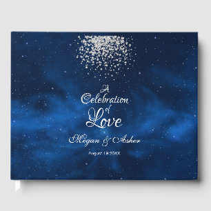 Romantic Blue Universe with Silver Confetti Guest Book