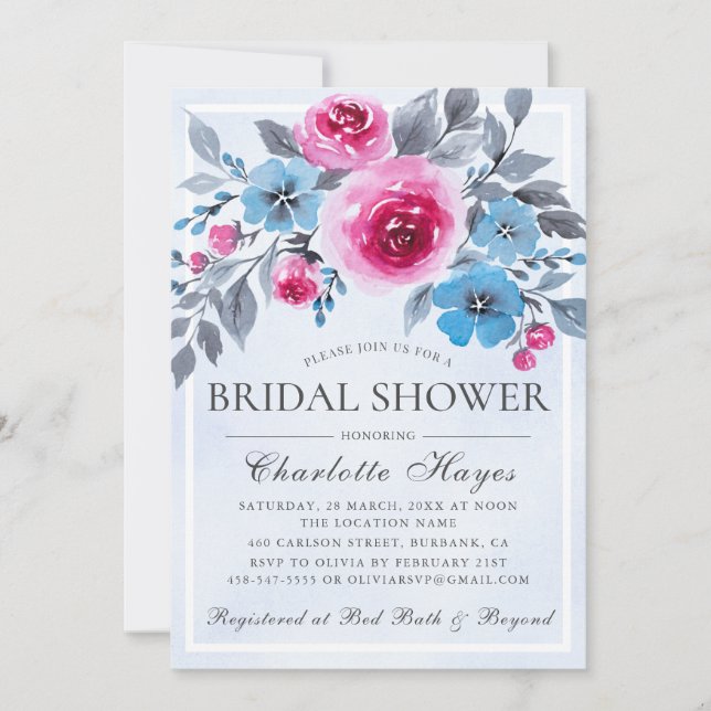Romantic Blue Watercolor Floral Bridal Shower  Invitation (Front)