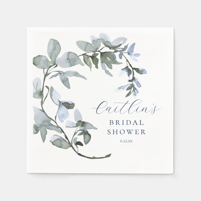Romantic Blue Watercolor Floral Bridal Shower Napkin (Front)