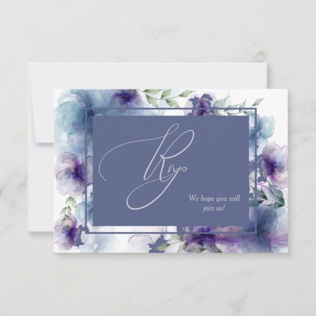 Romantic Blue Watercolor Floral Menu Wedding RSVP (Front)