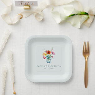 Romantic Blue Watercolor Floral Vase Paper Plate
