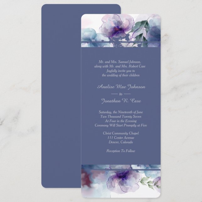 Romantic Blue Watercolor Floral Wedding Invitation (Front/Back)