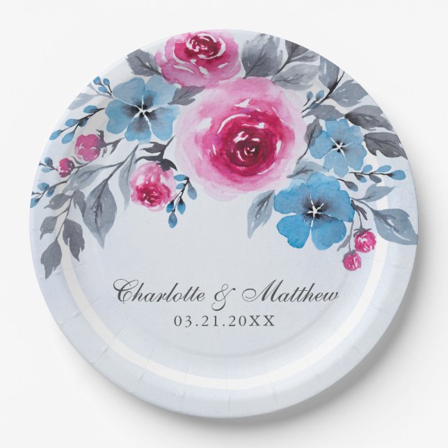 Romantic Blue Watercolor Floral Wedding  Paper Plate (Front)