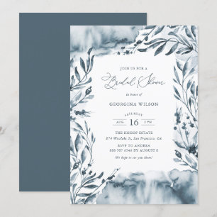 Romantic Blue Watercolor Foliage Bridal Shower Invitation