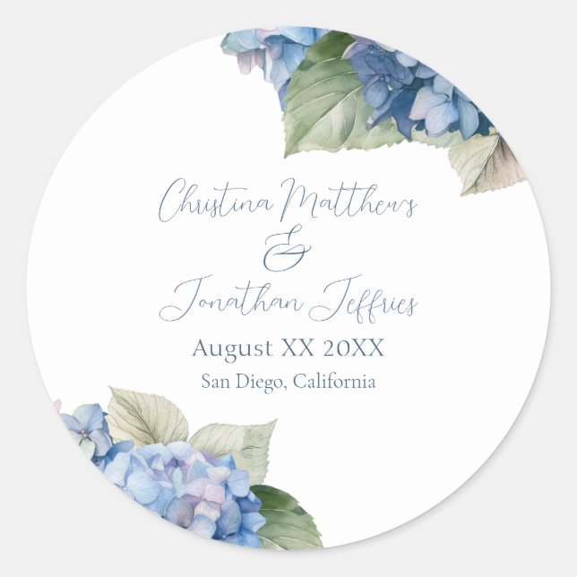 Romantic Blue Watercolor Hydrangea Flowers Classic Round Sticker (Front)