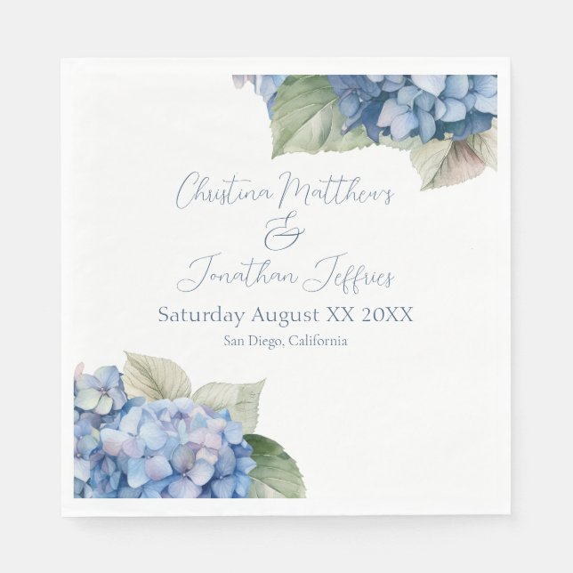 Romantic Blue Watercolor Hydrangea Flowers Napkin (Front)