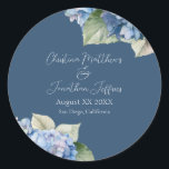 Romantic Blue Watercolor Hydrangea Flowers on Navy Classic Round Sticker<br><div class="desc">These romantic floral wedding stickers feature watercolor blue hydrangeas over a navy blue background. A delicate bouquet of hydrangea flowers is pictured on the top,  and another on the bottom left.</div>