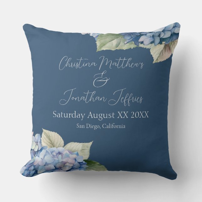 Romantic Blue Watercolor Hydrangea Flowers on Navy Cushion (Front)