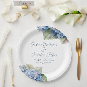 Romantic Blue Watercolor Hydrangea Flowers Paper Plate