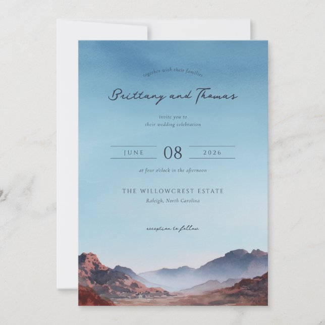 Romantic Blue Watercolor Mountain Landscape Invitation (Front)
