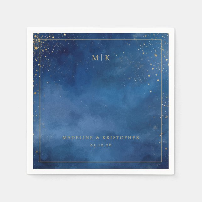 Romantic Blue Watercolor Stars Napkin (Front)