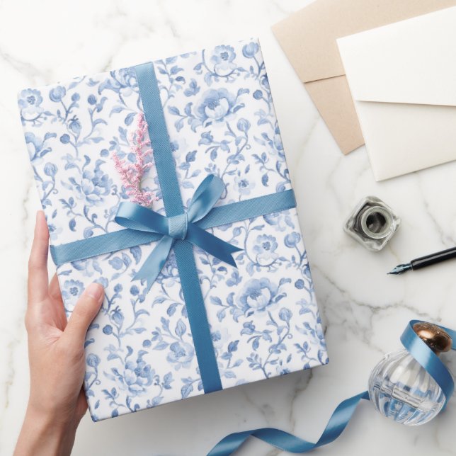 Romantic Blue White Floral Bridal Shower Wrapping Paper (Gifting)