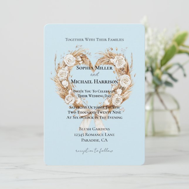 Romantic Blue White Floral Heart Wedding Invitation (Standing Front)