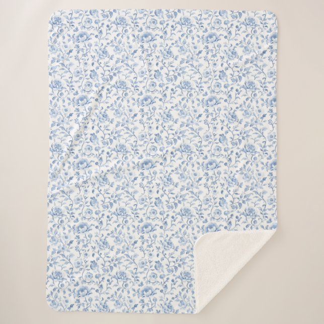 Romantic Blue White Floral  Sherpa Blanket (Front)