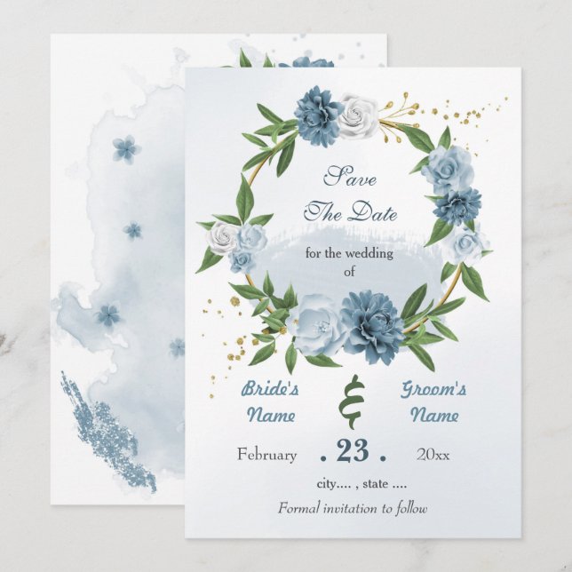 Romantic blue white flowers gold wreath save the date (Front/Back)