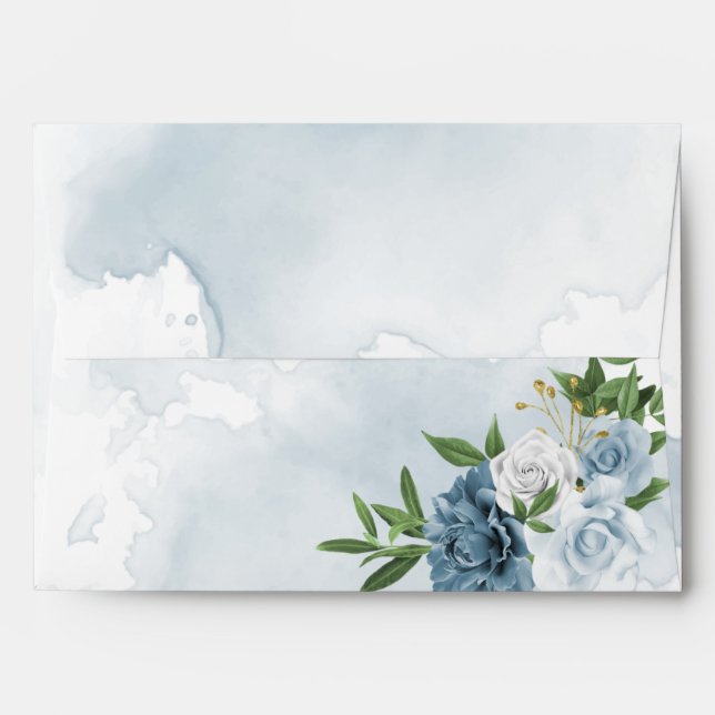 romantic blue white flowers greenery wedding envelope (Back (Top Flap))