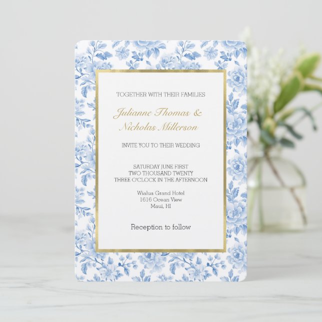 Romantic Blue White Flowers Wedding Invitation (Standing Front)