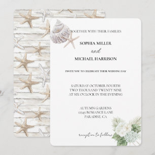 Romantic Blue White Hydrangea Floral Beach Wedding Invitation