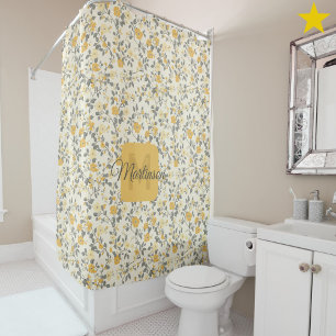 Romantic Blue Yellow Floral Monogram Name Shower Curtain