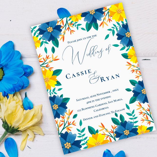 Romantic Blue Yellow Floral Wedding Invitation (Romantic Blue Yellow Floral Wedding Invitation)