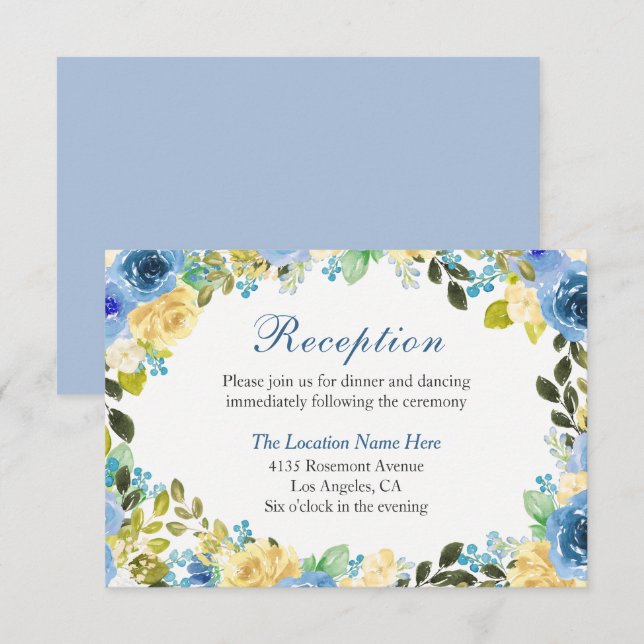 Romantic Blue Yellow Rose Garden Reception Card (Front/Back)