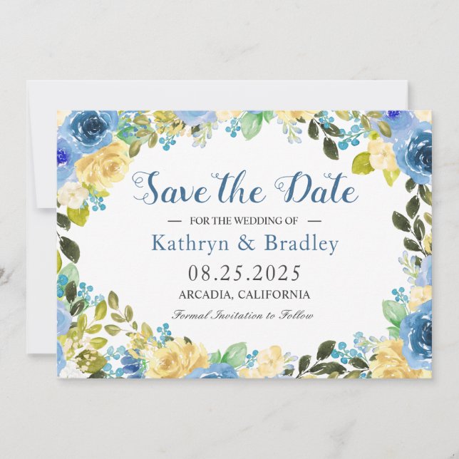 Romantic Blue Yellow Rose Garden Save The Date (Front)