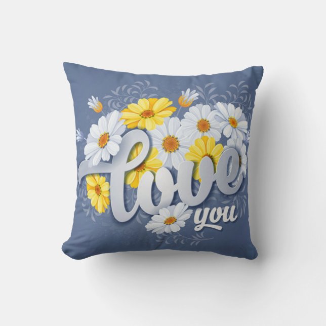 Romantic Blue, Yellow & White Camomile floral Cushion (Front)