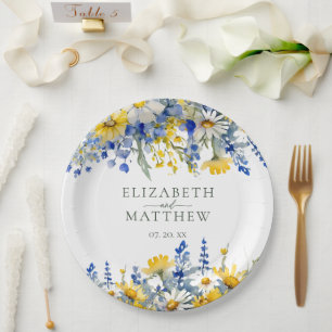 Romantic Blue Yellow Wildflowers Floral Wedding Paper Plate