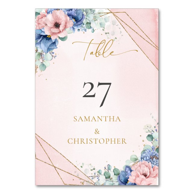 Romantic blush and blue floral eucalyptus gold   table number (Front)