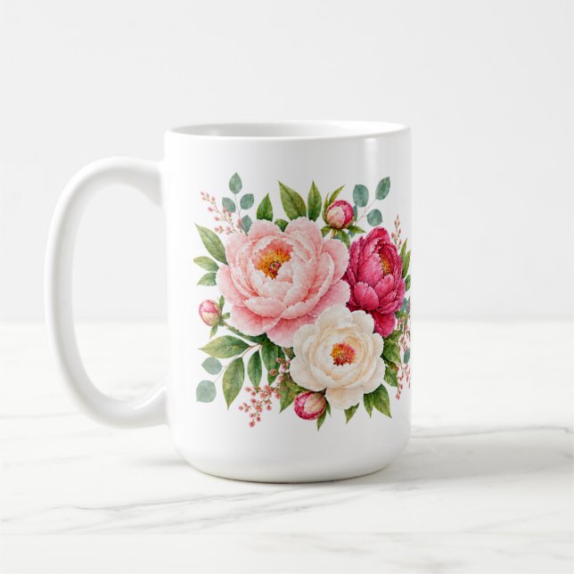 Romantic Blush and Raspberry Watercolor Peonies Coffee Mug (Left)