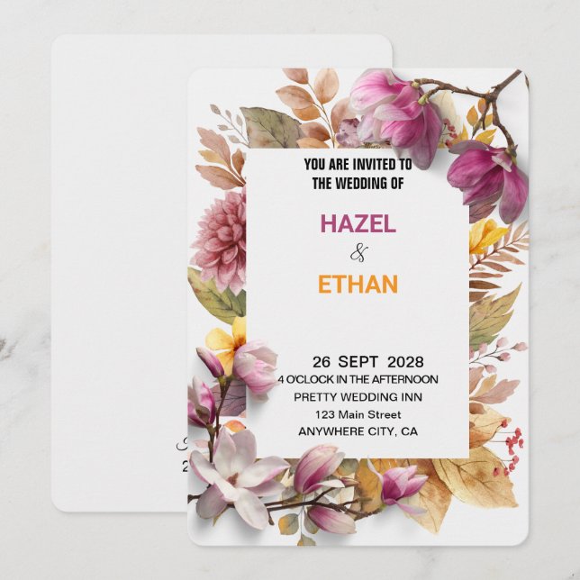 Romantic Blush & Autumn Botanical Wedding Invite (Front/Back)